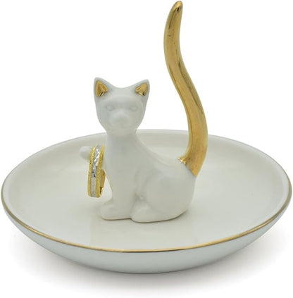 Love Cat Posture Ring Holder Jewelry Storage Dish Trinket Tray Decorative White Plated Golden Tail.