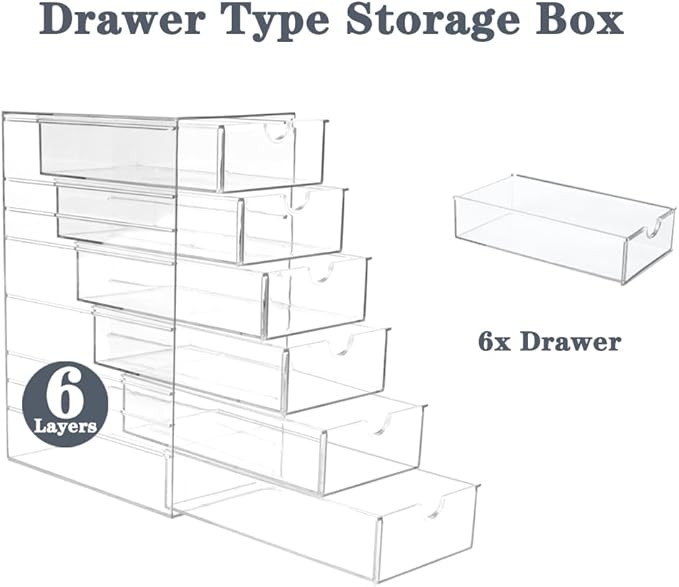 Clear Hair Accessories Organizer Box with 6 Layers, Acrylic Stackable Storage Drawers for Hair Ties, Claw Clips, Bow Holder for Girls, Vanity Makeup Organizer, Bathroom or Desk Countertop Container