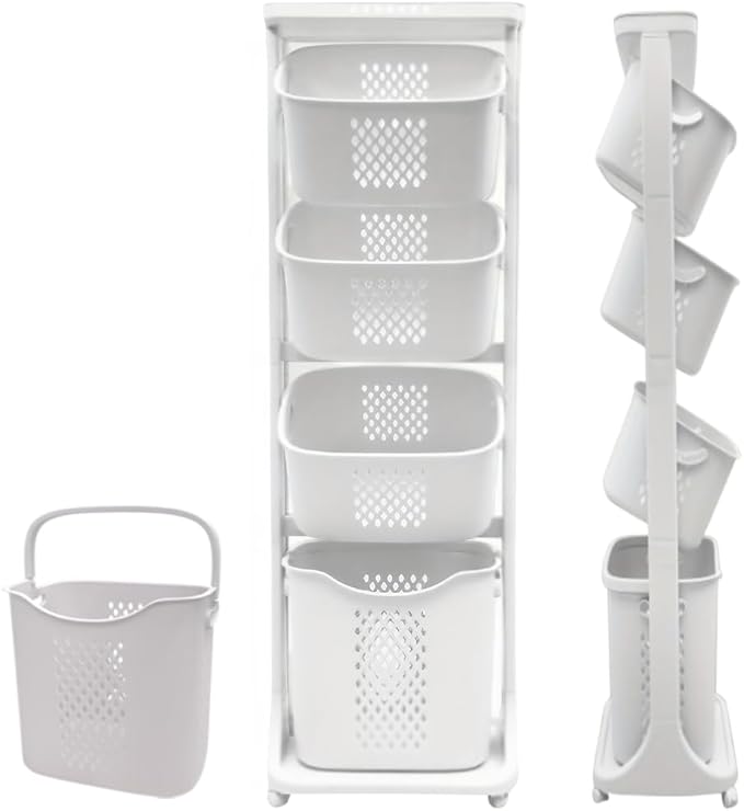 Japard 108 Liters Vertical Rolling Laundry Compact Hamper Ultra Slim, 4 Sorter Cart with Wheels and Breaks, 4-tier Baskets Detachable for Small Space, Dorm, Closet, Bathroom, Easy Assembly White Gray