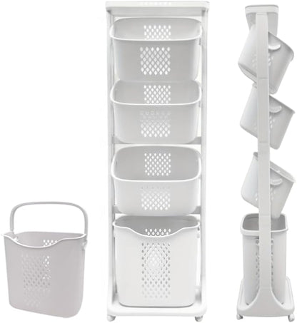 Japard 108 Liters Vertical Rolling Laundry Compact Hamper Ultra Slim, 4 Sorter Cart with Wheels and Breaks, 4-tier Baskets Detachable for Small Space, Dorm, Closet, Bathroom, Easy Assembly White Gray