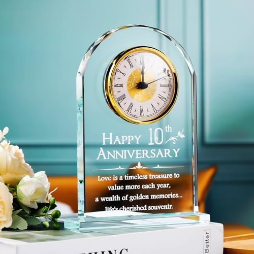 YWHL 10 Year Wedding Anniversary Clock Gifts for Couples, Laser Engraved 10th Anniversary Glass Keepsake for Him Her, 10 Year Wedding Gifts for Wife Husband (Battery not Included - Image 2