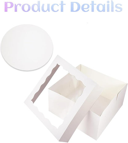 qiqee White 10x10x8 Cake Box, 4 Sets Cake Box with Window ＆ 4 Sets 10" Cake Round Boards, 10inch Cake Containers, 10 Meters Pink Silk Ribbon Includes