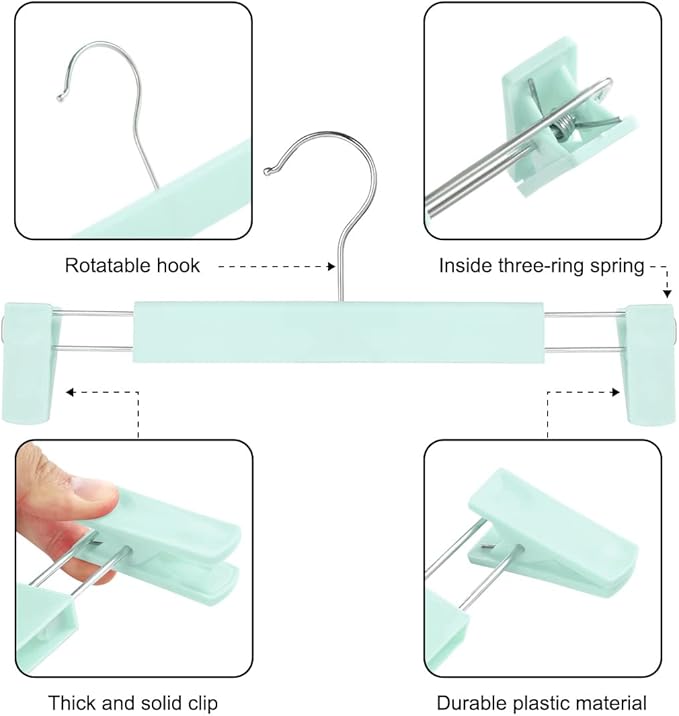 GUANJUNE Clothes Pants Hangers, Space-Saving Skirt Holders with 360 ° Swivel Hooks, Adjustable Clips, Trouser Hangers, Clothes Coat Garment Jeans Hangers (20 Pack, Green)