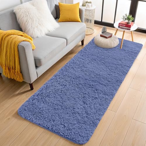 OLANLY 2x8 Machine Washable Runner Rugs for Hallway, Soft Fluffy Shaggy Bedside Rugs for Bedroom, Living Room, Indoor Floor Carpet for Kids Girls and Boys, Home Decor Aesthetic, Denim Blue by OLANLY