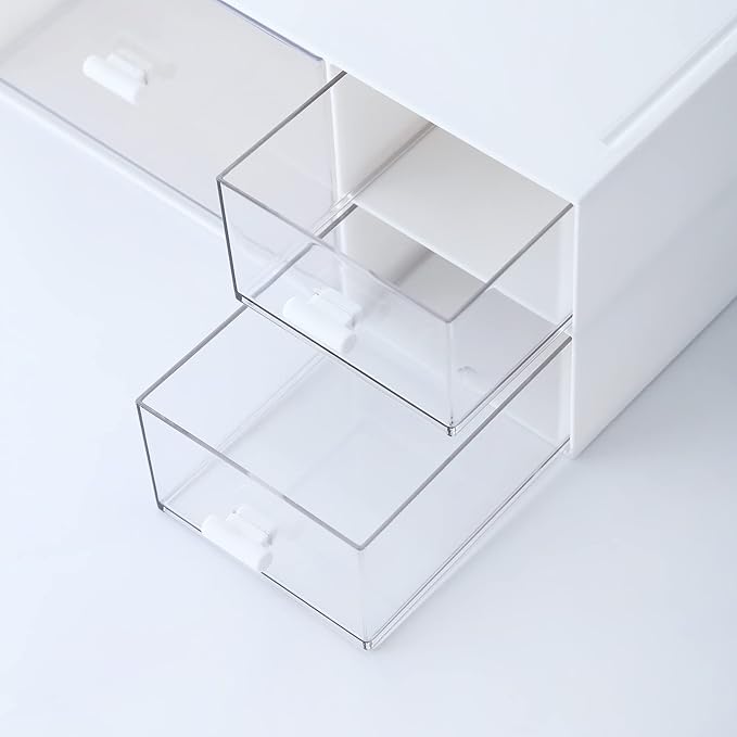 Marknor Desk Organizer with 4 Drawers, Makeup Organizer, Plastic Sundries Storage, Vanity Organizer, Cosmetic Storage Organizer, Desk Storage Box, Bathroom Counter or Dresser, White (CD-QBH-01)