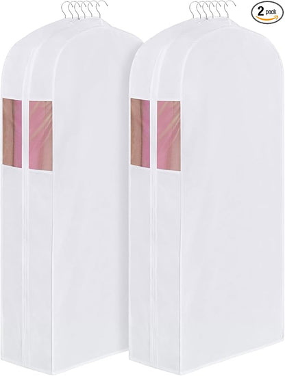 Univivi Premium Cotton Garment Bags for Hanging Clothes and Storage, 60 Inch Washable Dress Bags for Gowns Long, Full Zipper Dust Cover with Extra Large 10" Gusset & Clear Window - 2 Pack
