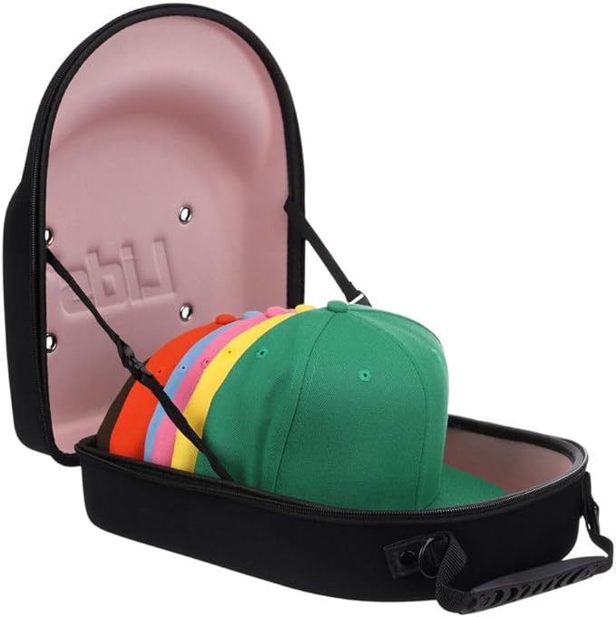 Lids Hat Travel Case – Baseball Cap Carrier for 6 Hats, Durable Black Exterior with Pink Interior, Storage with Handle & Adjustable Shoulder Strap, Hard Hat Organizer for Travel & Closet