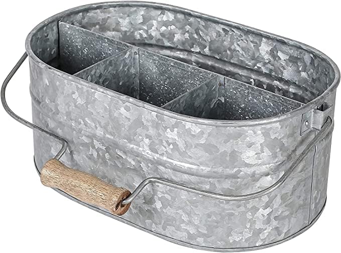 Goroly Home Galvanized Metal Caddy Storage Bin with Wooden Handle, 4 Compartments, Rustic Farmhouse Decor for Kitchen, Garden, Patio, Laundry Room (Antique Grey)