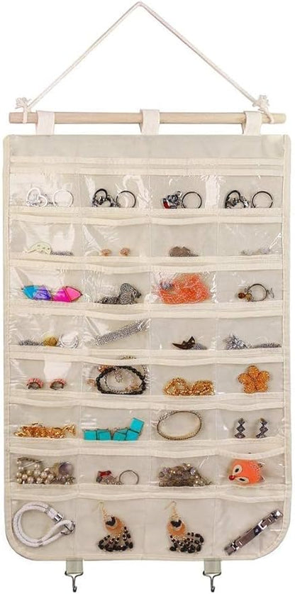 BB Brotrade Hanging Jewelry Organizer,32 Clear PVC Pockets Wall Jewelry Storage with 2 Metal Hooks for Holding Jewelries