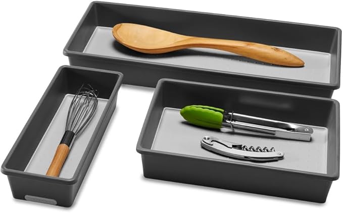 madesmart 3 Bin Drawer Organizer Set, Multi Purpose Storage for Utensils, Office & Bathroom, Organizer for Cutlery, Peeling Tools, Spatulas, Soft Grip Lining & Non Slip Feet, Granite