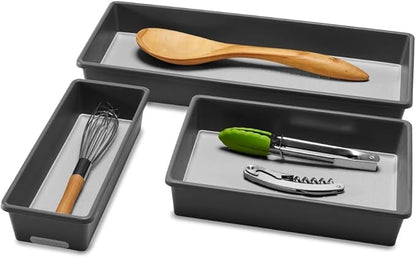madesmart 3 Bin Drawer Organizer Set, Multi Purpose Storage for Utensils, Office & Bathroom, Organizer for Cutlery, Peeling Tools, Spatulas, Soft Grip Lining & Non Slip Feet, Granite