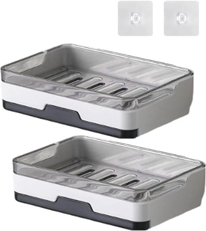 2 pcs Self Adhesive Soap Dish with Drawer-Type Drip Tray and 2 No-Trace Adhesive Pad, Wall Mounted Soap Holder Shower Sink Bar Soap Sponge Holder Tray Rack(White)