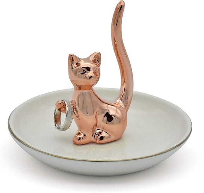 Rose Gold Lucky Kitten Rings Holder Jewelry Storage Dish Trinket Tray Decorative