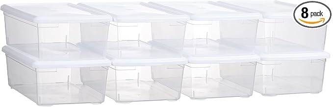 novelinks 8 Pack 6 Quart Clear Plastic Storage Bins with Lids, Stackable Shoe Boxes Plastic Storage Container, Organizer Bins for Shoes Organization (White)