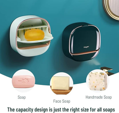 Luxury Soap Holder with Drain Tray, Waterproof Soap Dish Holder, Keep Soap Bars Dry, Adhesive Soap Case Box Wall Mounted for Shower, Bathroom, Bathtub, Mint Green