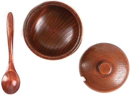 Wood Salt Box Condiment Container Spice Jar Bamboo Salt Sugar Cellar Bowl with Lids and Spoons for Kitchen (Wood)