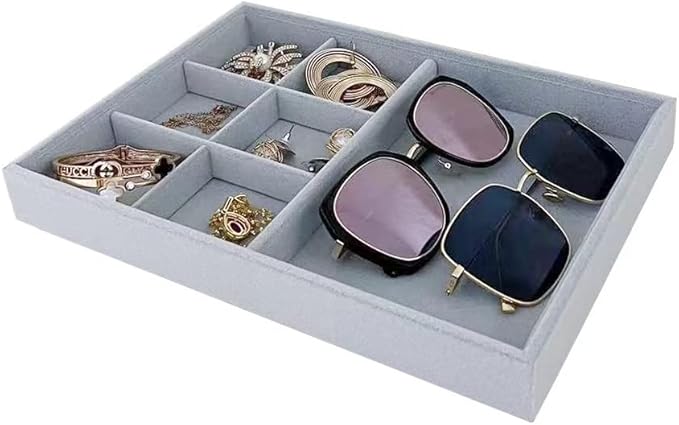Gray Velvet Stackable Organizer Premium Quality Stackable Tray Halft 6 Grid and Half Open Multi Function Storage Drawer Divider Closet Inserts