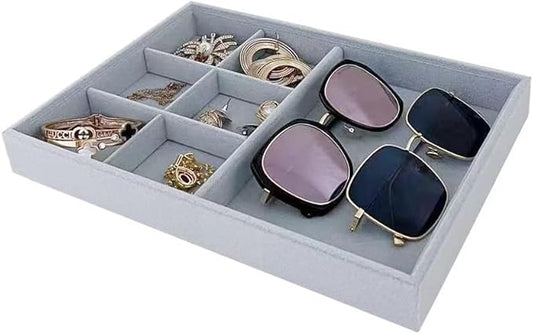 Gray Velvet Stackable Organizer Premium Quality Stackable Tray Halft 6 Grid and Half Open Multi Function Storage Drawer Divider Closet Inserts