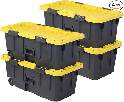CX BLACK & YELLOW, 20-Gallon Heavy Duty Tough Storage Footlocker & Snap-Tight Lid, (13.4H x 18.2W x 32.3D), Weather-Resistant Design and Stackable Organization Tote [4 Pack]