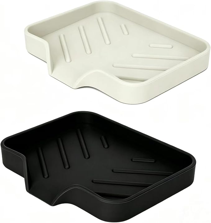 2 Pack Silicone Soap Dish, Self Draining Soap Dish, Non Slip Bar Soap and Sponge Holder for Bathroom Kitchen Sink Counter Organizer Easy to Clean Soap Tray Waterfall Soap Saver (Black&Beige)