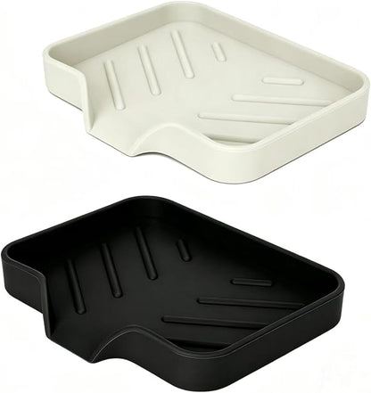 2 Pack Silicone Soap Dish, Self Draining Soap Dish, Non Slip Bar Soap and Sponge Holder for Bathroom Kitchen Sink Counter Organizer Easy to Clean Soap Tray Waterfall Soap Saver (Black&Beige)