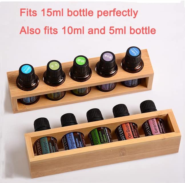 Sohynca Natural Bamboo Essential Oils Storage Rack fits 15ml bottles 1 Tier Tabletop Display Stand for Aromatherapy Bottles Storage Shelf fits 15ml 10ml 5ml bottles (5 Slots * 2pcs)