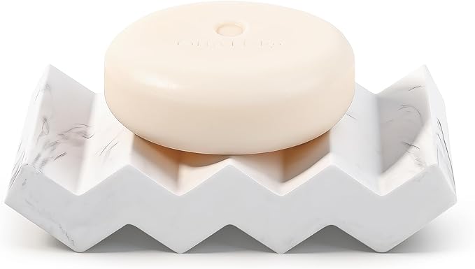 Self Draining Bar Soap Holder Diatomite Soap Dish Fast Drying Soap Saver Small Sponge Caddy for Shower, Bathroom, Kitchen Sink, Marble White