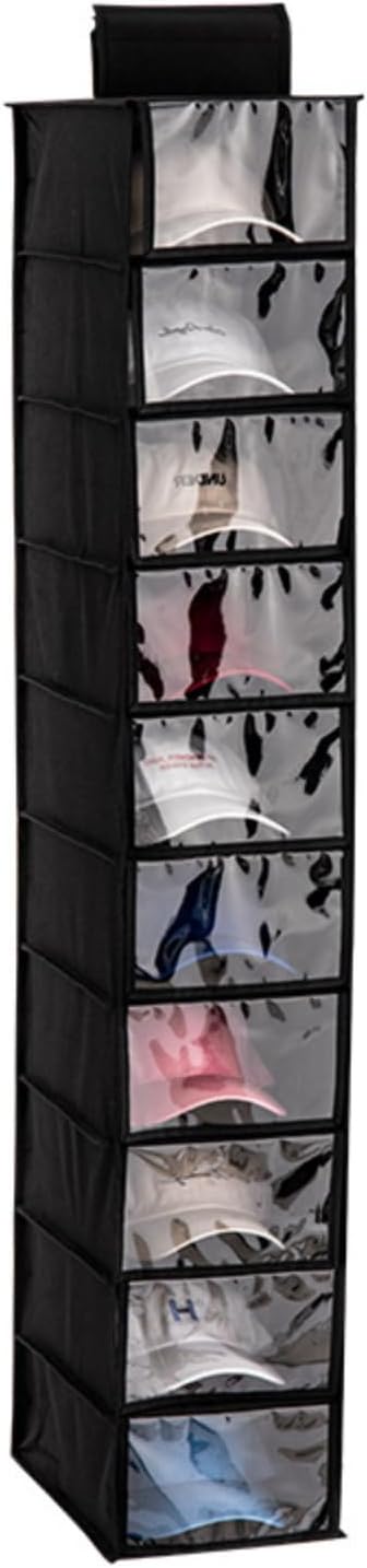 Hat Organizer Hanger, Hat Rack for Baseball Caps, Hanging Closet Organizer with 10 Pockets & Cover, Foldable Hat Storage Hanger Holder for Closet, Shelf (Black)