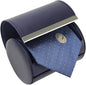 Leather Tie Case Box Organizer for Men's Necktie and Bow Tie Storage Travel Gift Box (long button, Blue, 4.3" x 3.3" x 3.3")