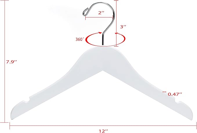 Quality 12 Inch White Kids Wooden Hangers - 80 Pack Children Hangers with Multifunctional Notches & 360 Degree Swivel Chrome Hook - Kid Coat Hangers for Clothes Size 8 and Smaller (White, 80)