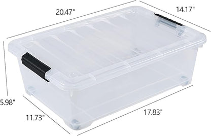 20 Quart Stackable Plastic Under Bed Bins with Lid, Set of 4 Clear Latch Storage Container with Wheels