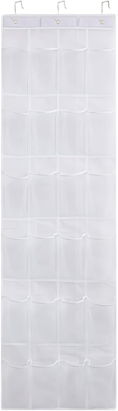 Shoe Hanger for Door 24 Mesh Pocket Over the Door Shoe Organizer Space Saving Hanging Storage Holder with Hooks 64x19 Inch White, Hanging Organizer
