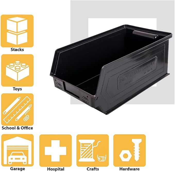 6-Pack Storage Bins, Wall Mount, Stackable & Freestanding, 12”x 8” x 6” Plastic Organizers, Utility Containers for Garage, Home, Workshop, Black