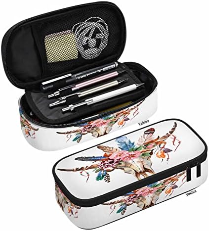 Yekiua Bull's Head Pencil Case Watercolor Fashion Cow Skull Boho Peony Flowers Feathers Big Capacity Pencil Pouch Office College Makeup Bag Colorful by Yekiua