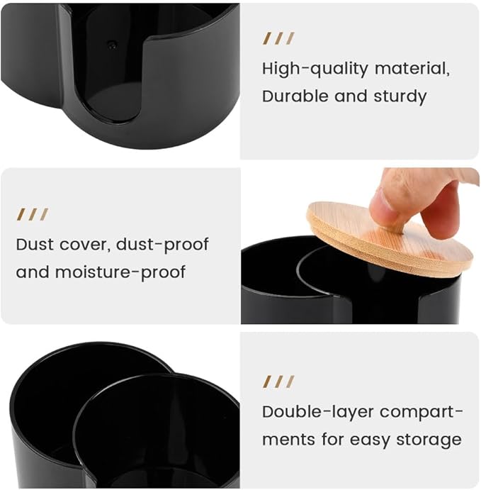 Dual-Compartment Cotton Swab & Pad Organizer with Removable Dustproof Lid, Bathroom Accessories Storage Organizer for Swabs, Cotton-Pads(COLOR:black)