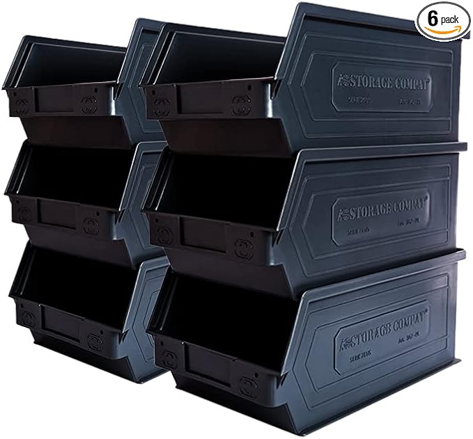 6-Pack Storage Bins, Wall Mount, Stackable & Freestanding, 12”x 8” x 6” Plastic Organizers, Utility Containers for Garage, Home, Workshop, Black