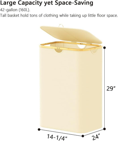 SpaceAid Double Laundry Hamper 2 Section with Lid and Removable Laundry Bags, 160L Clothes Basket with Bamboo Handles, Large Collapsible Hamper for Bedroom, Bathroom, Dorm, Laundry Room - Beige