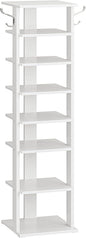 HOOBRO 8 Tiers Vertical Shoe Rack, Wooden Shoe Storage Organizer with Hooks, Narrow Shoe Tower for 8 Pairs, Space Saving, for Entryway, Living Room, Bedroom, White WT07XJ01G1