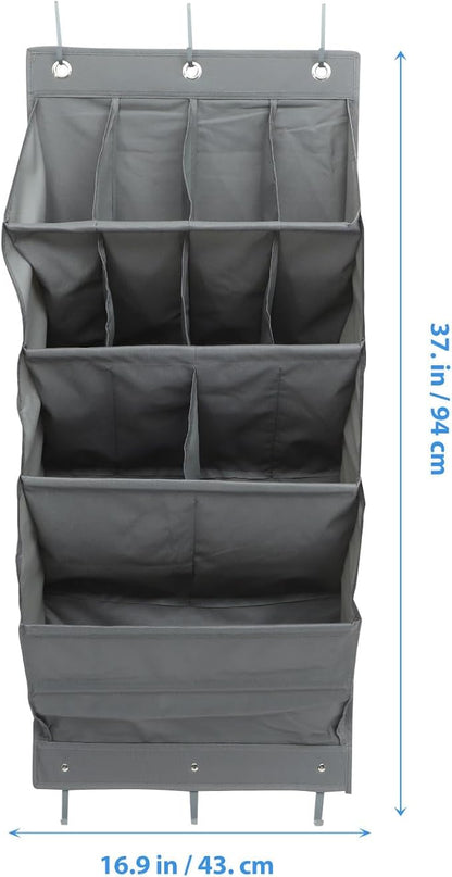 over the Door Hanging Storage Bag, Multi-Compartment Organizer with 11 Pockets, Grey Fabric Household Storage Pouch for Dormitory and Home Door Back Organization