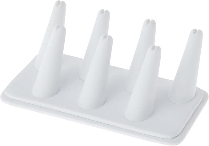 Plymor White Faux Leather Ring Finger Display, Seven on Rectangular Base, 6.75" W x 3.5" D x 2.25" H