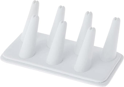 Plymor White Faux Leather Ring Finger Display, Seven on Rectangular Base, 6.75" W x 3.5" D x 2.25" H