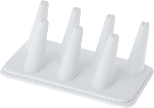 Plymor White Faux Leather Ring Finger Display, Seven on Rectangular Base, 6.75" W x 3.5" D x 2.25" H