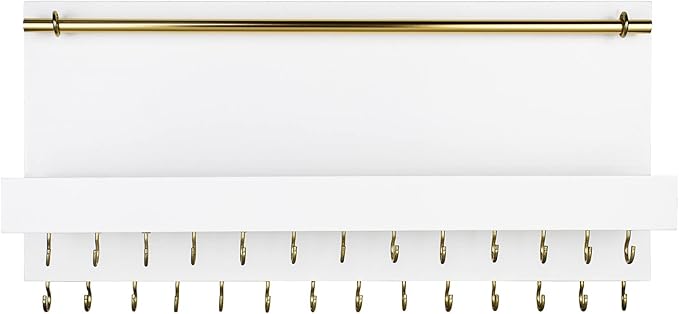 SANY DAYO HOME 27 Hooks Wall Mounted Necklace Holder 14 x 6 inch Hanging Rustic Wooden Jewelry Organizer with Removable Bracelet Rod and Shelf for Kids, Girls, Women - Ivory White