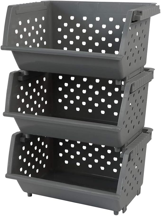 Begale 3-Pack Gray Plastic Stackable Detachable Storage Bin, Organizer Stacking Basket