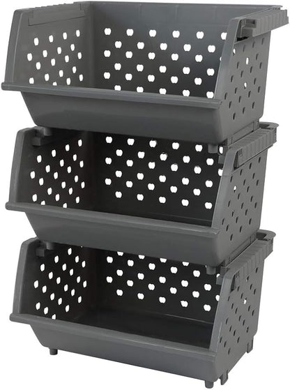 Begale 3-Pack Gray Plastic Stackable Detachable Storage Bin, Organizer Stacking Basket