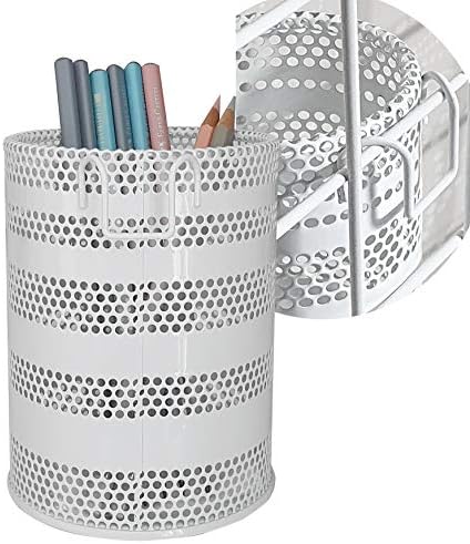 Metal Hook Wall Mounted Pen Pencil Holder, Office Desk Organizer with Hook for Hanging on Wire Mesh Wall Grid Panel (White, Large) by Produco