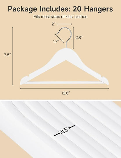 StorageWorks Baby Hangers 20 Pack, Maple Wood Clothes Organizer for Toddler, Kids Wooden Hanger with Pant Bar for Closet, White