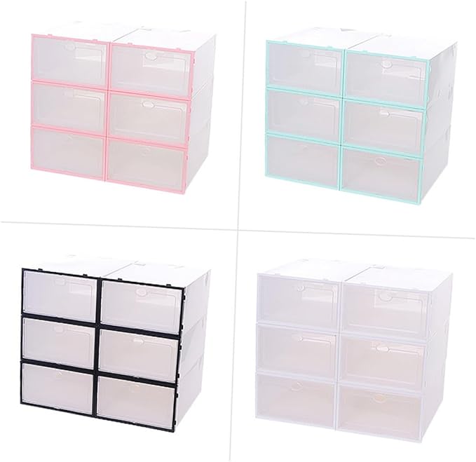 VANZACK 6PCS Thickened Transparent Stackable Shoes Storage Box Plastic Shoe Organizer for Men White Frame Shoebox Container for Small Spaces Dorm Closets