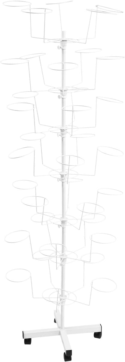 7-Tier Rotating Hat Display Stand, Free Standing Hat Rack Stand, Rolling Display Hat Stand with 35 Metal Hooks, Adjustable Height Cap Organizer for Wig Cap Baseball Hats (1PC - White)