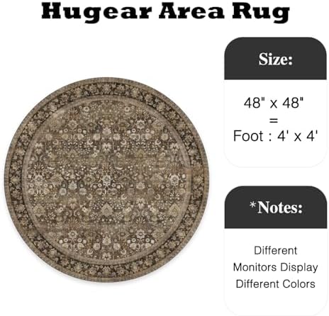 HUGEAR 4ft Round Brown Vintage Floral Washable Rug for Living Room - Image 2